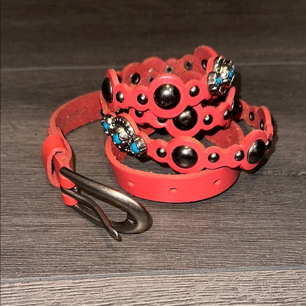Stylish Red Leather Belt with Embellishments